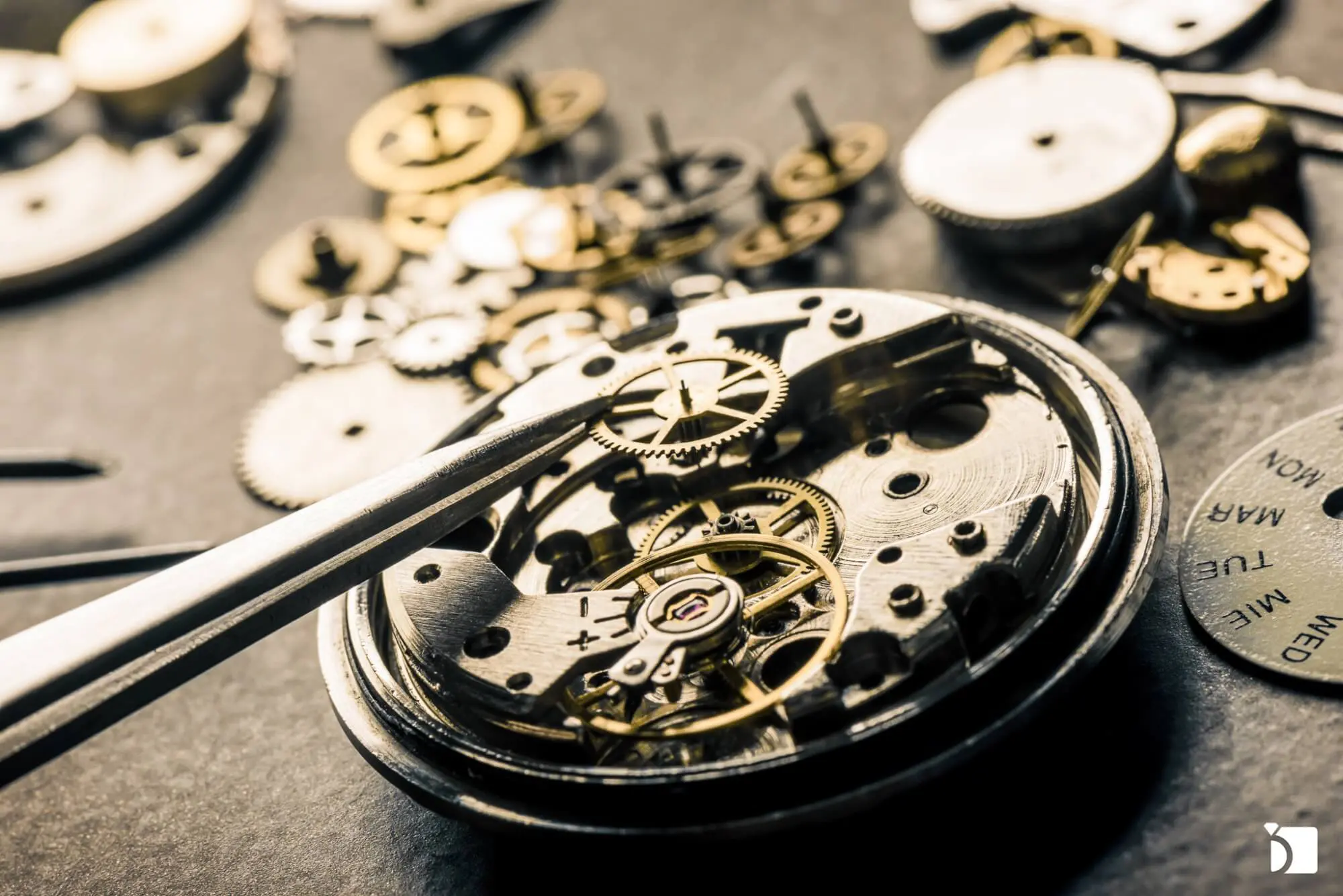 Watchmaker repairing a mechanical watch movement